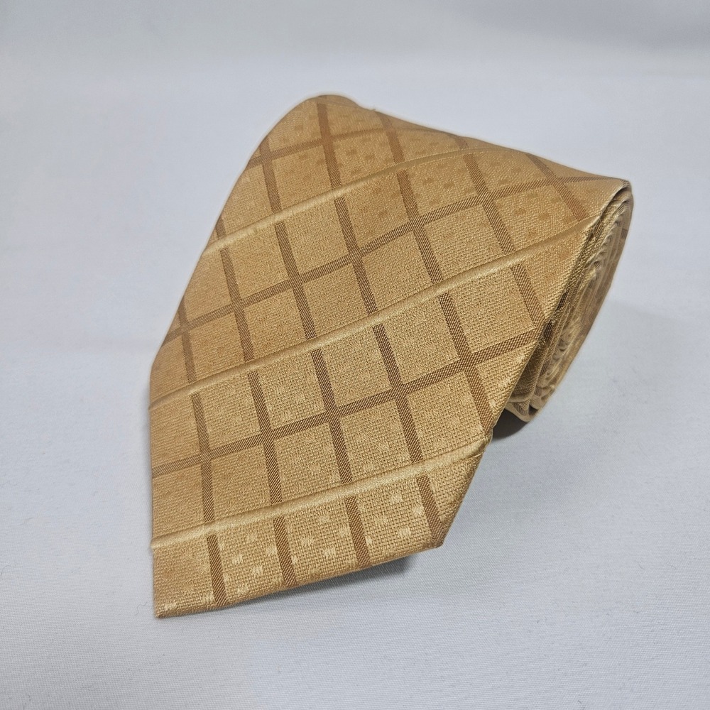 Preswick & Moore Mens Gold Plaid Silk Necktie Stain Repellent‎ Wrinkle Free